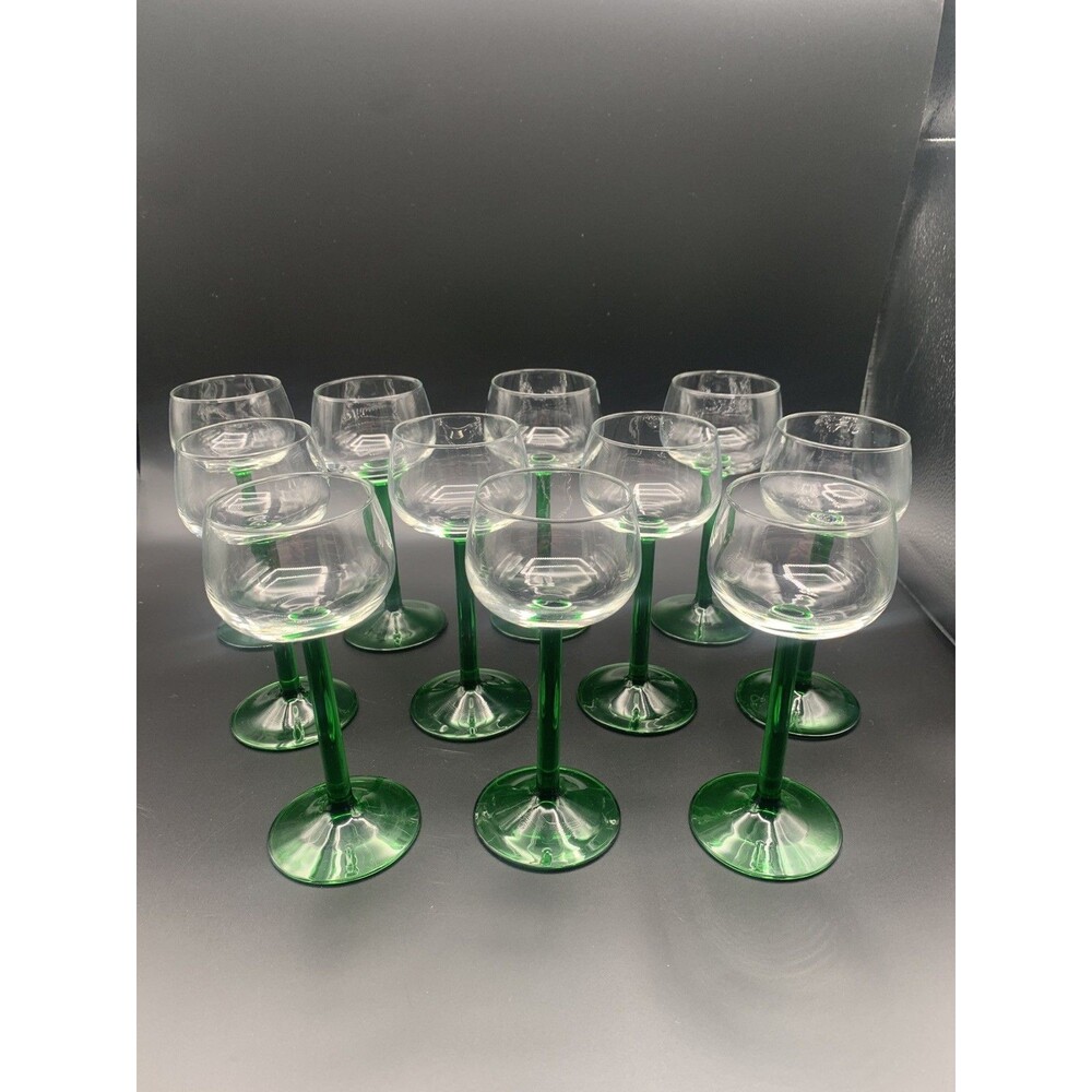 Vintage Luminarc France Green Stem Wine Glasses – 6.25" Smooth Bowl – Set of 11